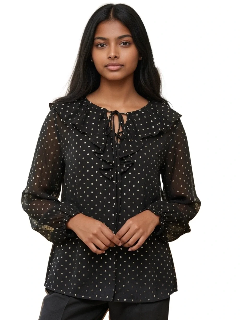 J Crew Top Black Iridescent Gold Polka Dot Ruffle-Neck Blouse Size XS Going Out